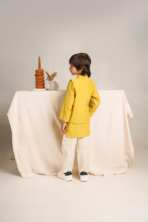 Little Star- Yellow Chanderi Silk Hand Embroidered Collared Jacket with Kurta & White Pants Set for Boys - Totdot