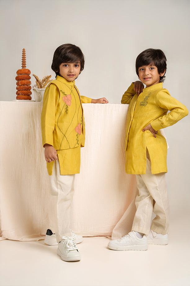 Little Star- Yellow Chanderi Silk Hand Embroidered Collared Jacket with Kurta & White Pants Set for Boys - Totdot