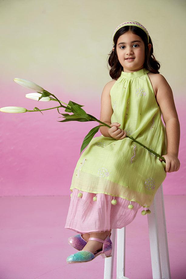 Little Starry- Lime Hand Embroidered Kurta and Skirt Set for Girls - Totdot