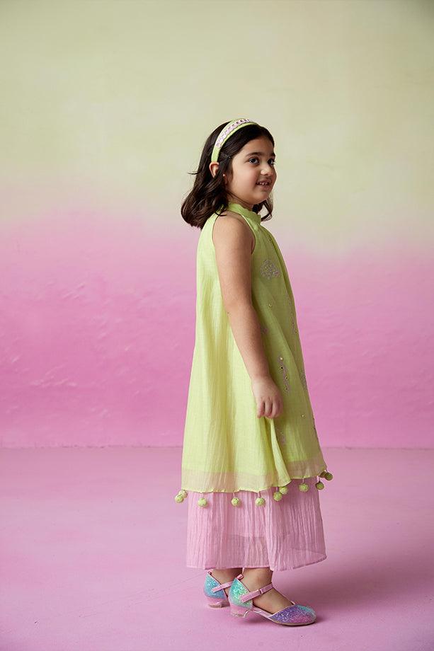 Little Starry- Lime Hand Embroidered Kurta and Skirt Set for Girls - Totdot