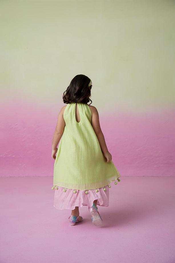 Little Starry- Lime Hand Embroidered Kurta and Skirt Set for Girls - Totdot
