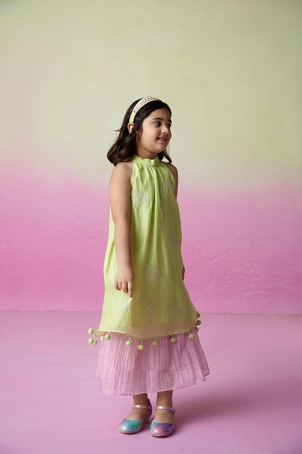 Little Starry- Lime Hand Embroidered Kurta and Skirt Set for Girls - Totdot