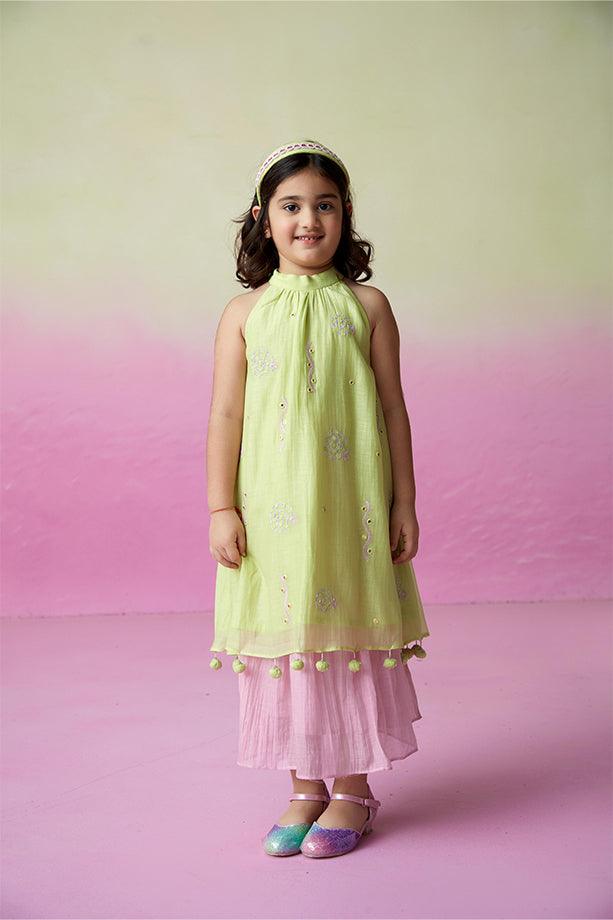 Little Starry- Lime Hand Embroidered Kurta and Skirt Set for Girls - Totdot