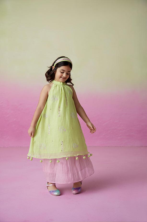 Little Starry- Lime Hand Embroidered Kurta and Skirt Set for Girls - Totdot