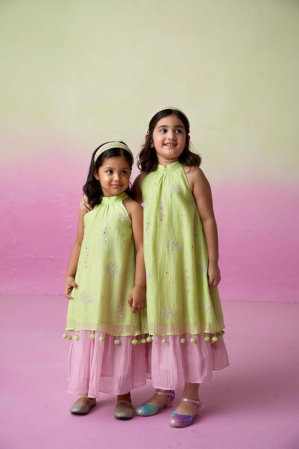 Little Starry- Lime Hand Embroidered Kurta and Skirt Set for Girls - Totdot