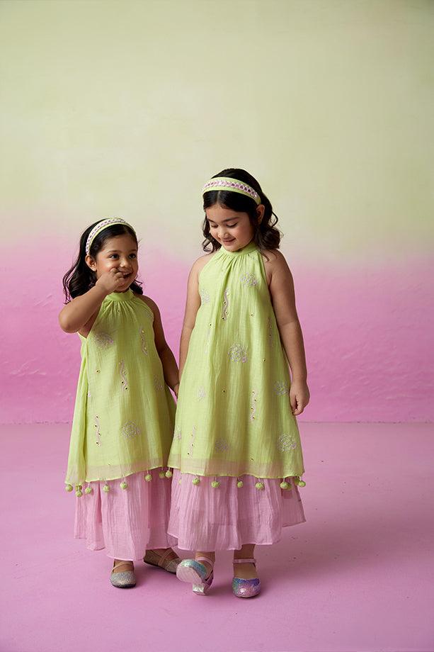 Little Starry- Lime Hand Embroidered Kurta and Skirt Set for Girls - Totdot