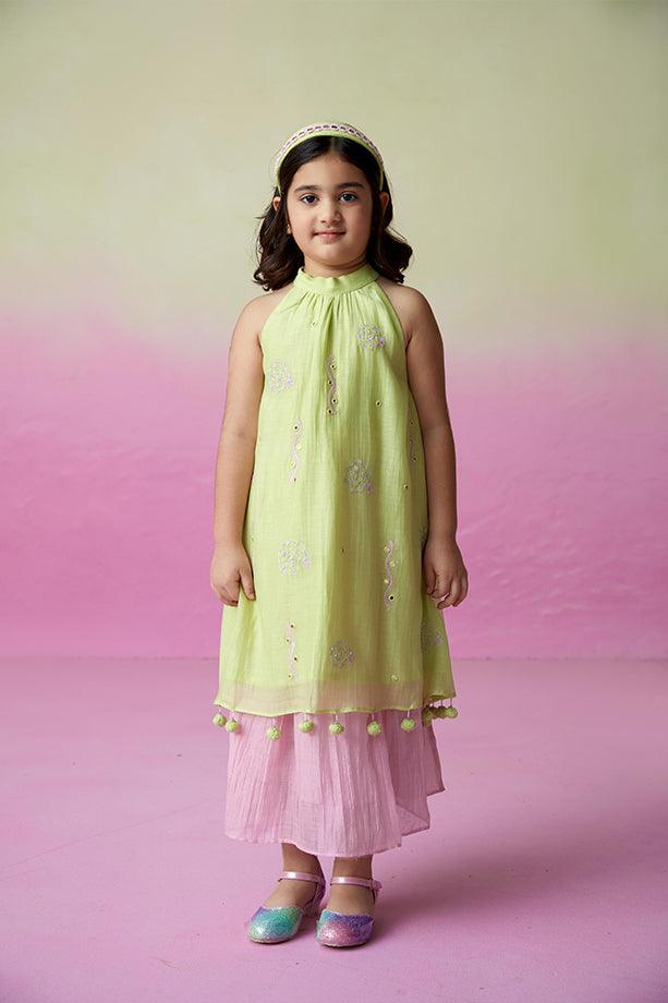 Little Starry- Lime Hand Embroidered Kurta and Skirt Set for Girls - Totdot