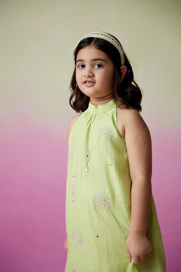 Little Starry- Lime Hand Embroidered Kurta and Skirt Set for Girls - Totdot