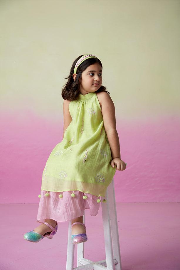 Little Starry- Lime Hand Embroidered Kurta and Skirt Set for Girls - Totdot