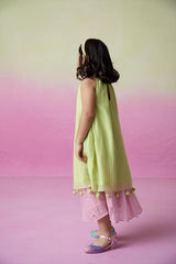 Little Starry- Lime Hand Embroidered Kurta and Skirt Set for Girls - Totdot