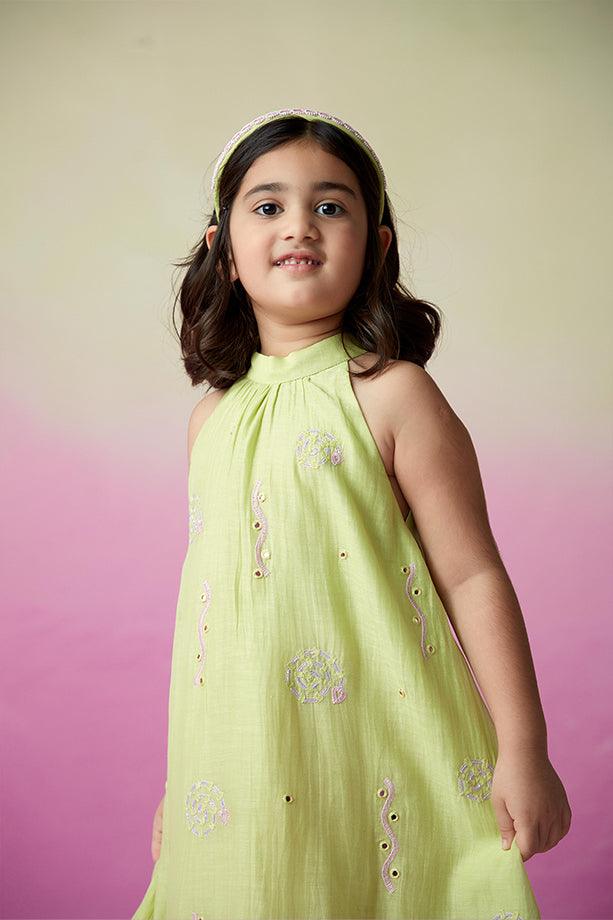 Little Starry- Lime Hand Embroidered Kurta and Skirt Set for Girls - Totdot