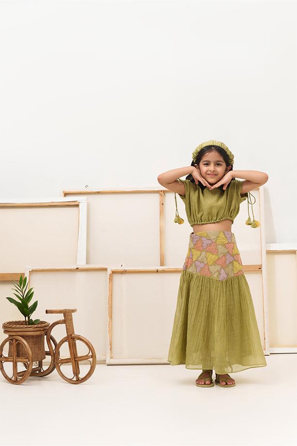 Little Tea Pot- Green Chanderi Silk Hand Embroidered Scrunched Top & Trumpet Skirt Set for Girls - Totdot