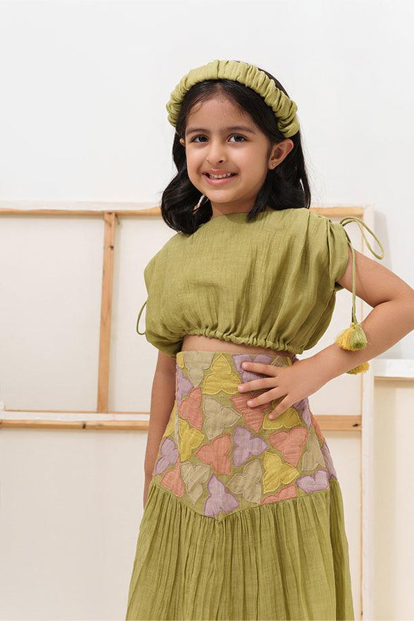 Little Tea Pot- Green Chanderi Silk Hand Embroidered Scrunched Top & Trumpet Skirt Set for Girls - Totdot