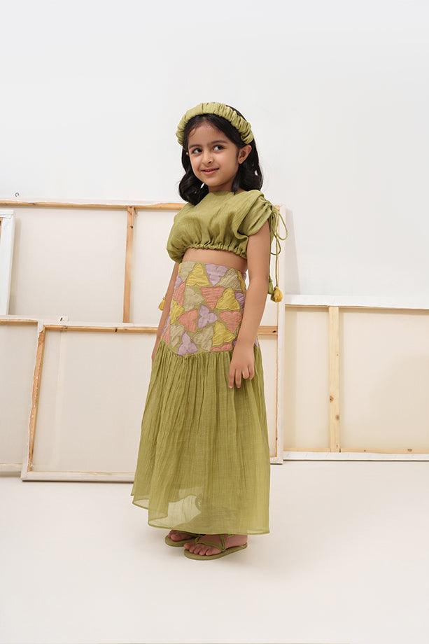 Little Tea Pot- Green Chanderi Silk Hand Embroidered Scrunched Top & Trumpet Skirt Set for Girls - Totdot