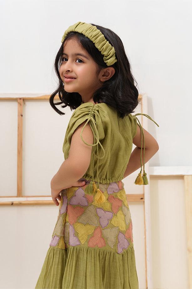 Little Tea Pot- Green Chanderi Silk Hand Embroidered Scrunched Top & Trumpet Skirt Set for Girls - Totdot