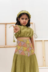 Little Tea Pot- Green Chanderi Silk Hand Embroidered Scrunched Top & Trumpet Skirt Set for Girls - Totdot