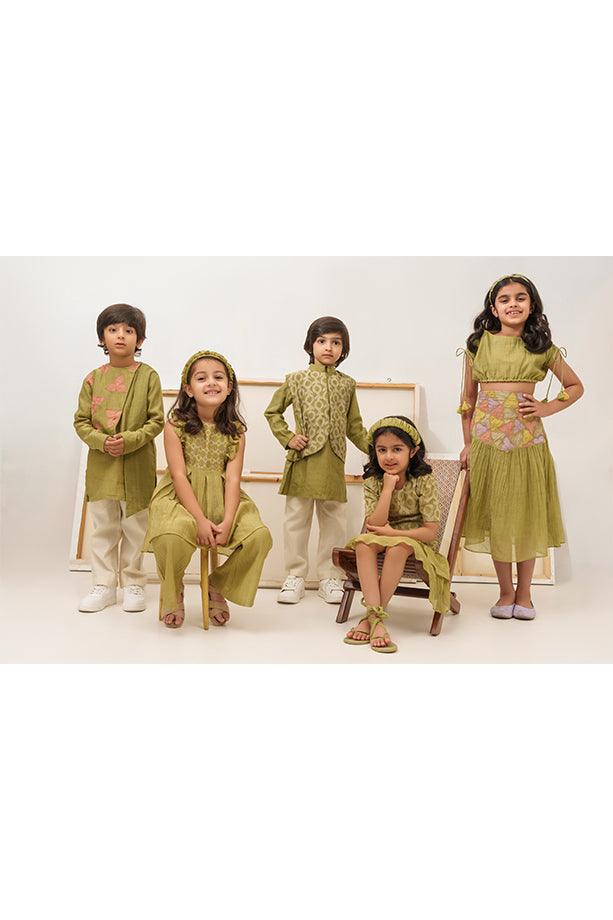 Little Tea Pot- Green Chanderi Silk Hand Embroidered Scrunched Top & Trumpet Skirt Set for Girls - Totdot