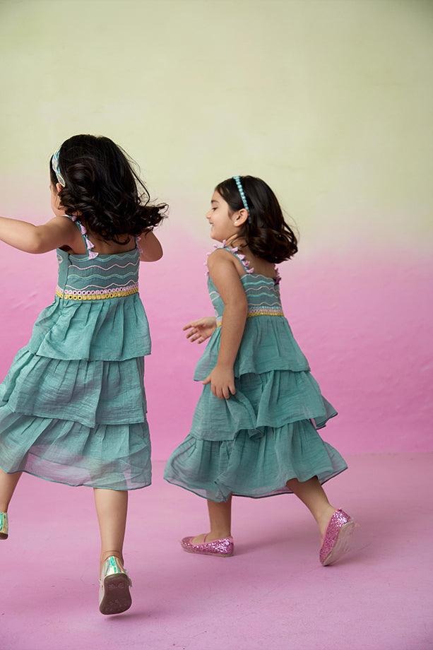 Minty Whirlwind- Mint Hand Embroidered Layered Dress for Girls - Totdot