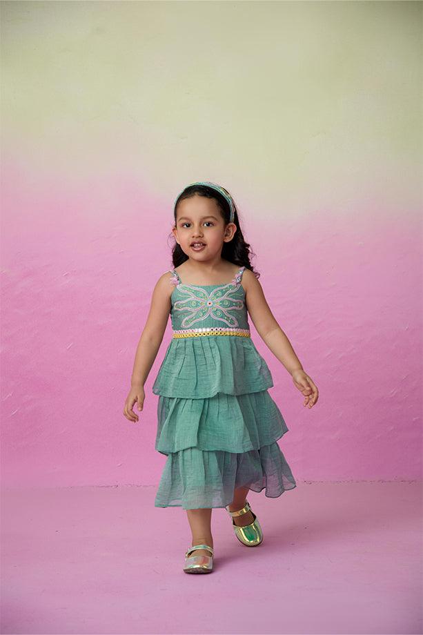 Minty Whirlwind- Mint Hand Embroidered Layered Dress for Girls - Totdot