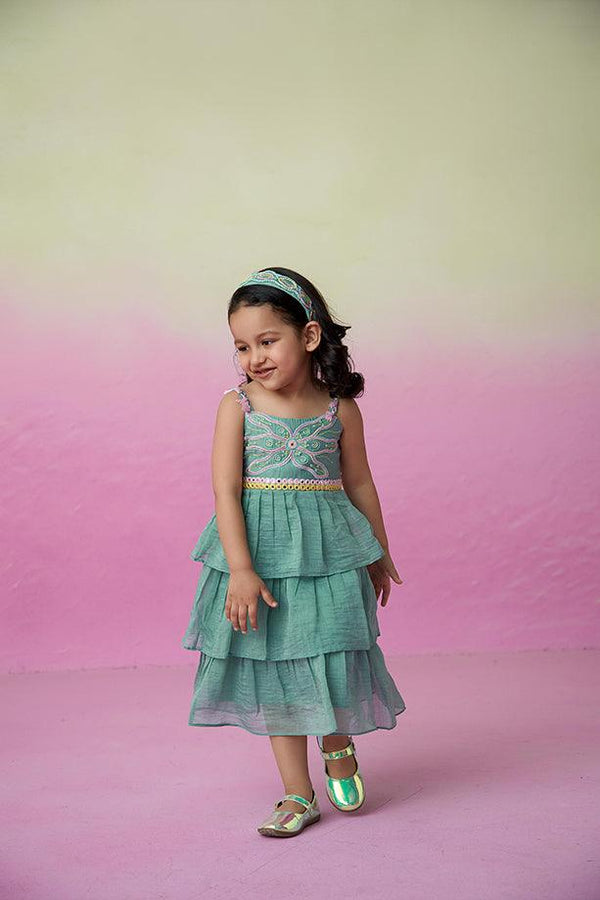 Minty Whirlwind- Mint Hand Embroidered Layered Dress for Girls - Totdot