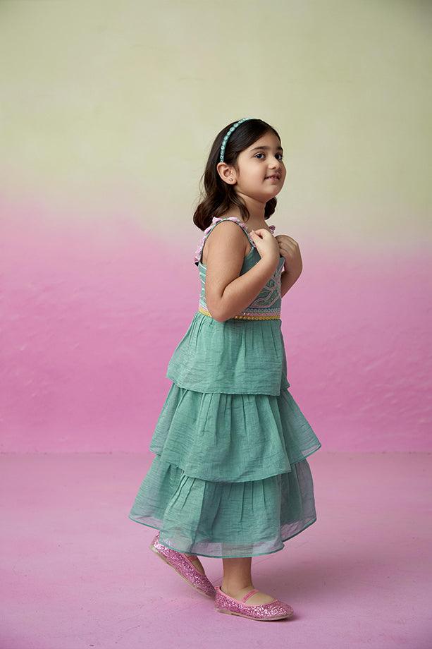 Minty Whirlwind- Mint Hand Embroidered Layered Dress for Girls - Totdot