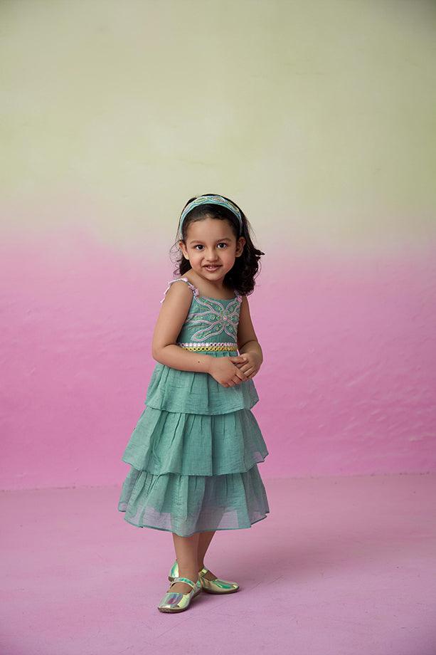 Minty Whirlwind- Mint Hand Embroidered Layered Dress for Girls - Totdot
