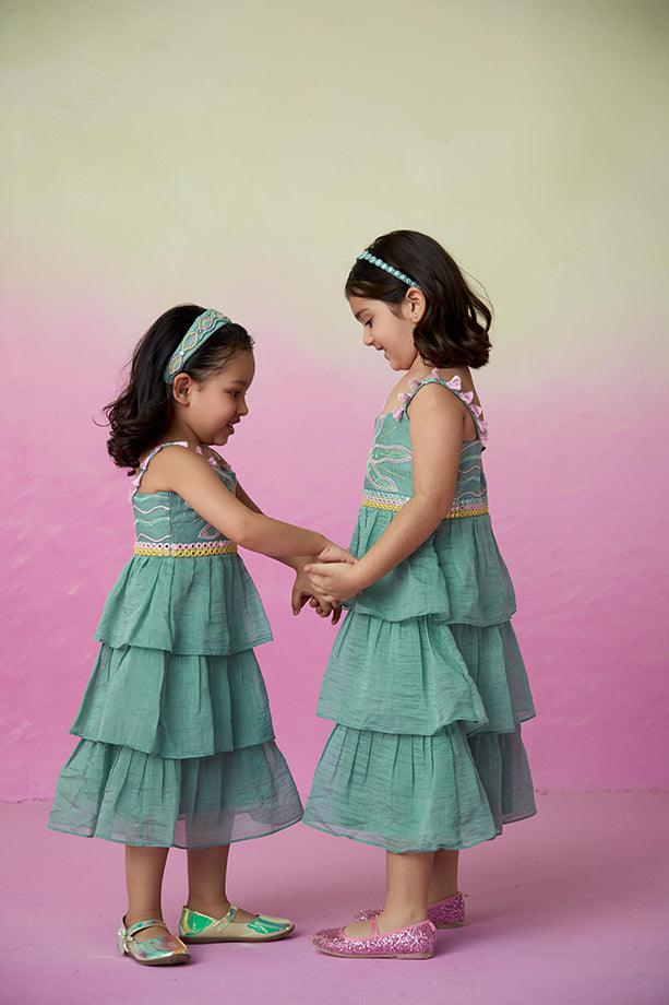 Minty Whirlwind- Mint Hand Embroidered Layered Dress for Girls - Totdot