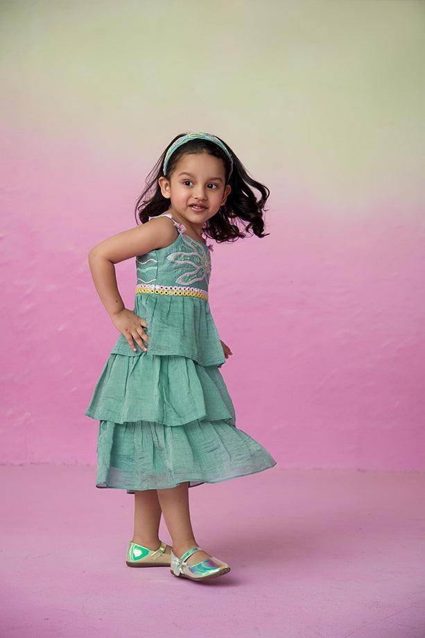 Minty Whirlwind- Mint Hand Embroidered Layered Dress for Girls - Totdot