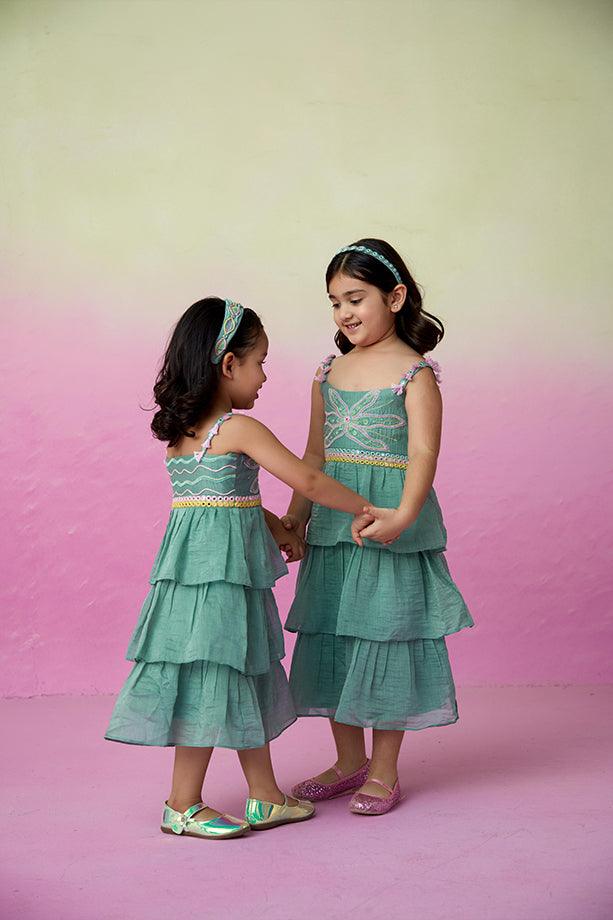 Minty Whirlwind- Mint Hand Embroidered Layered Dress for Girls - Totdot