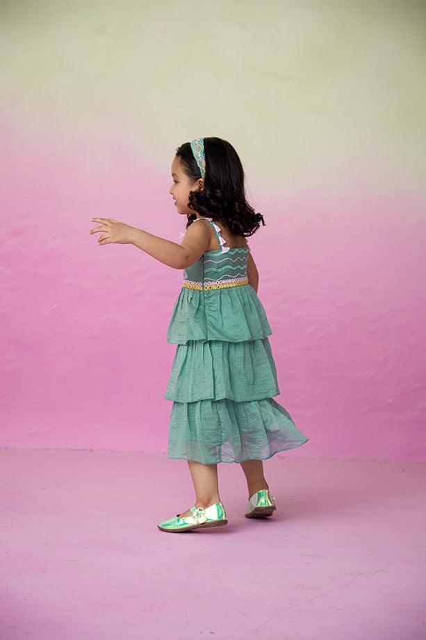 Minty Whirlwind- Mint Hand Embroidered Layered Dress for Girls - Totdot