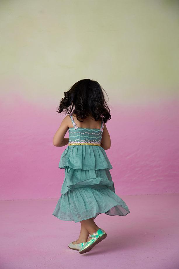 Minty Whirlwind- Mint Hand Embroidered Layered Dress for Girls - Totdot