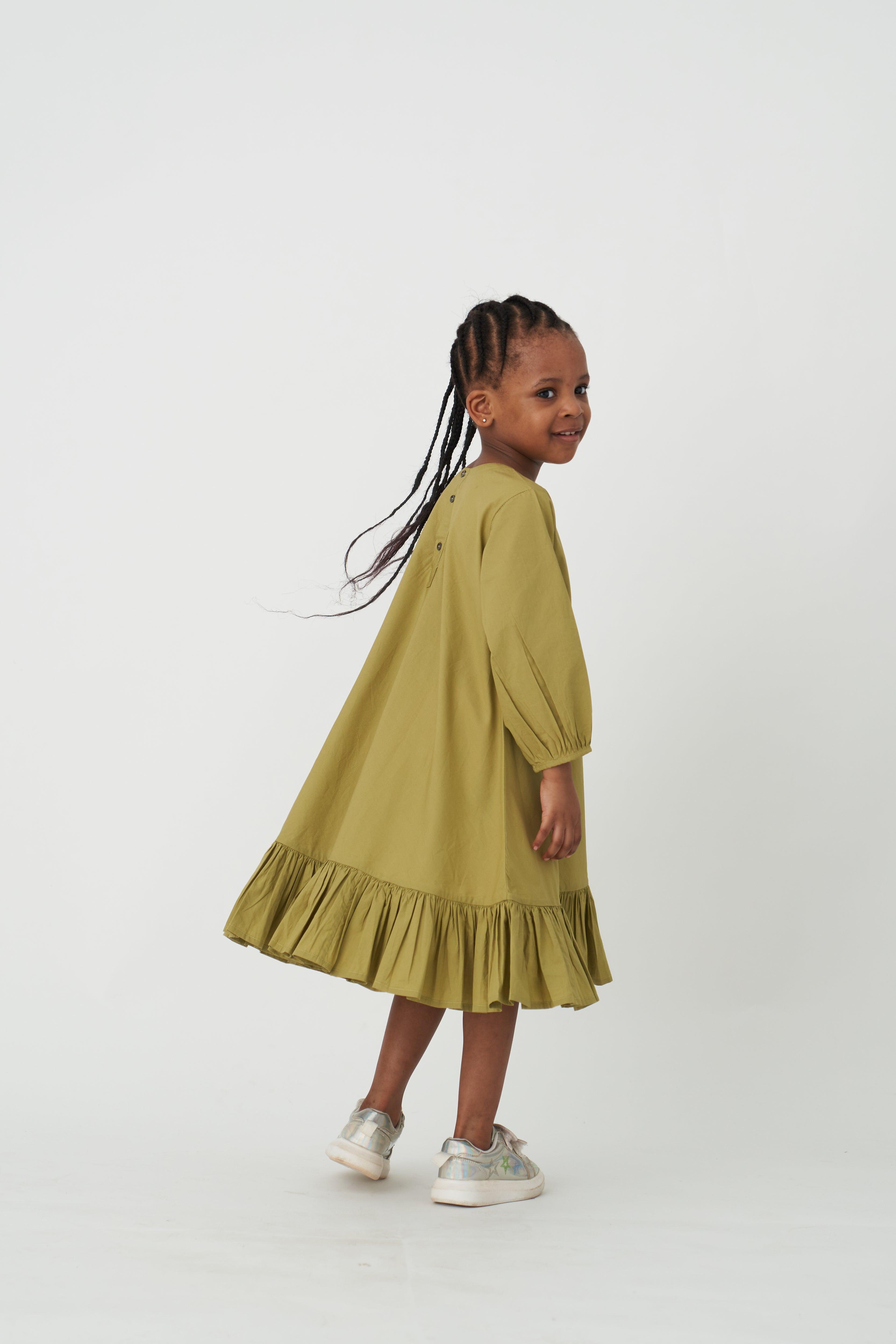 MOSS GREEN BOTTOM FRILL DRESS - Totdot