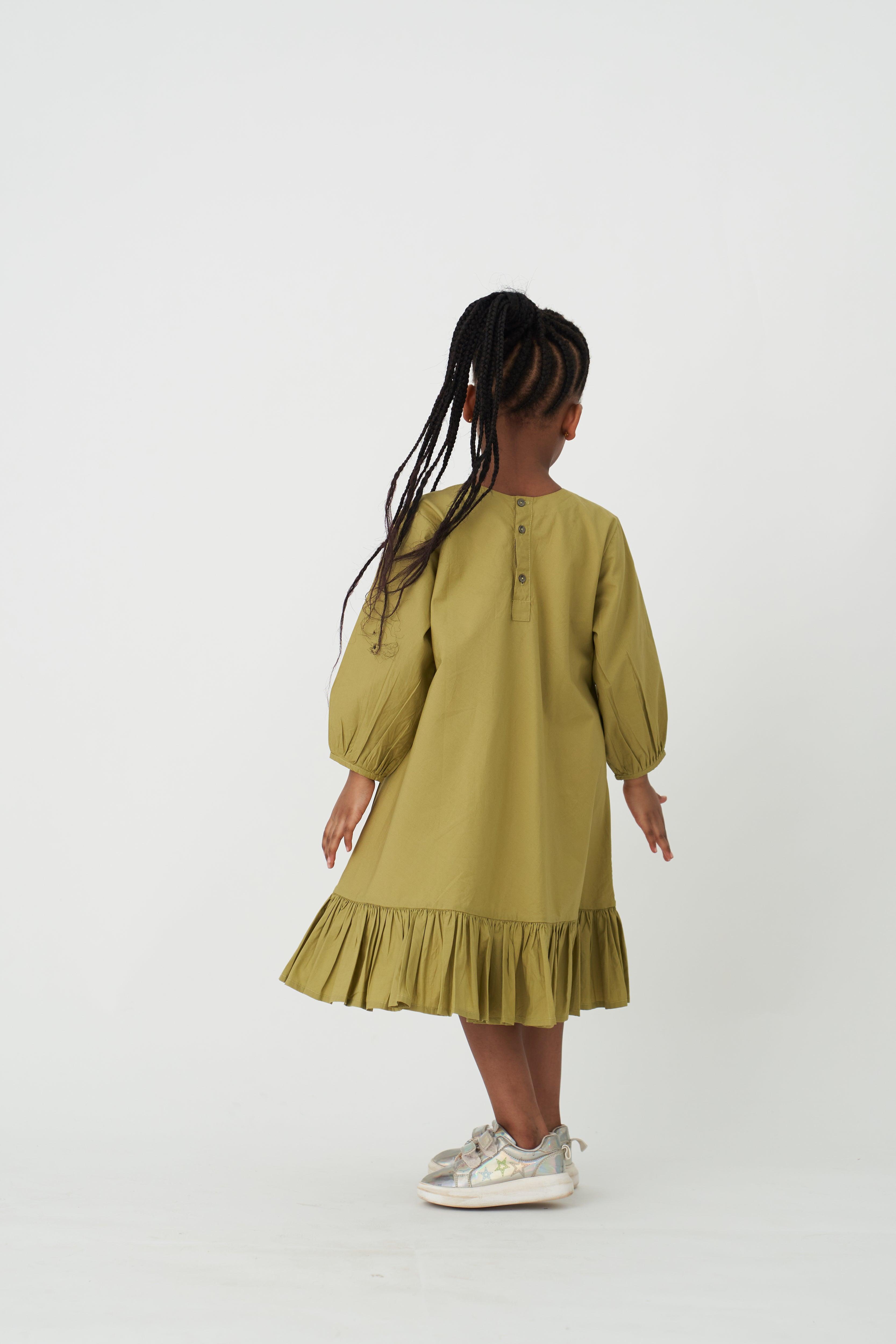 MOSS GREEN BOTTOM FRILL DRESS - Totdot