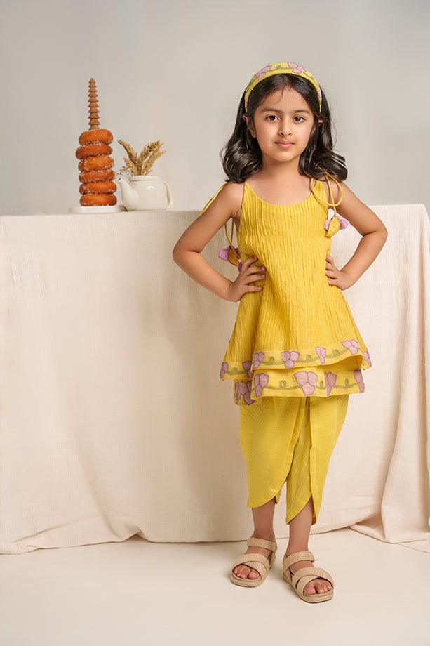 My Sunshine- Yellow Chanderi Silk Hand Embroidered Strapped Shift Top & Tulip Pants set - Totdot