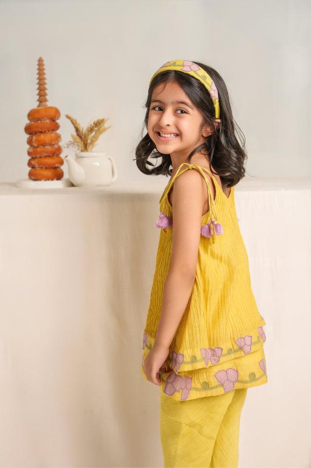 My Sunshine- Yellow Chanderi Silk Hand Embroidered Strapped Shift Top & Tulip Pants set - Totdot