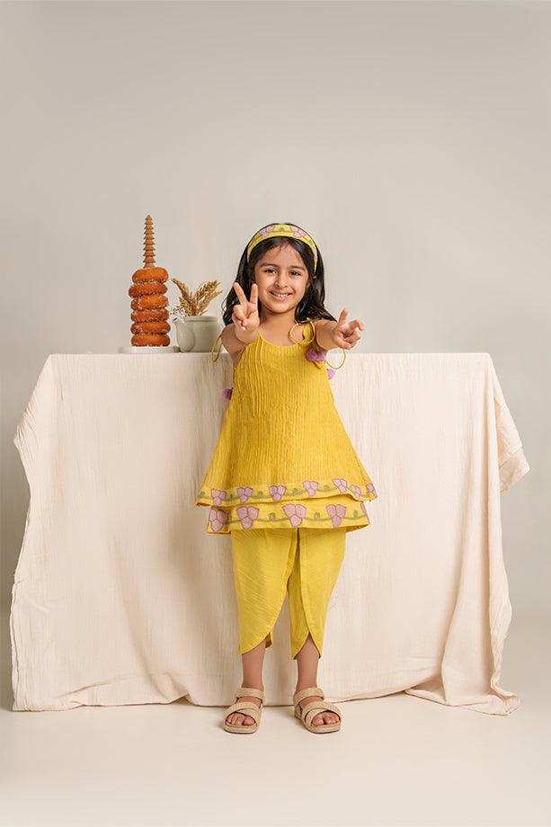 My Sunshine- Yellow Chanderi Silk Hand Embroidered Strapped Shift Top & Tulip Pants set - Totdot