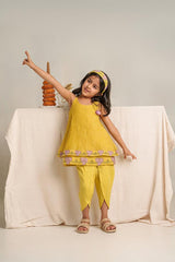 My Sunshine- Yellow Chanderi Silk Hand Embroidered Strapped Shift Top & Tulip Pants set - Totdot