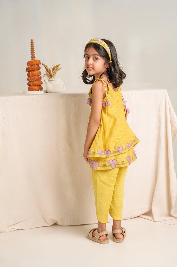 My Sunshine- Yellow Chanderi Silk Hand Embroidered Strapped Shift Top & Tulip Pants set - Totdot