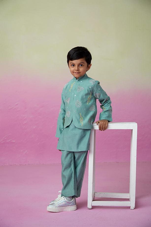 Ocean Voyager- Mint Hand Embroidered Kurta Jacket and Pants Set for Boys - Totdot