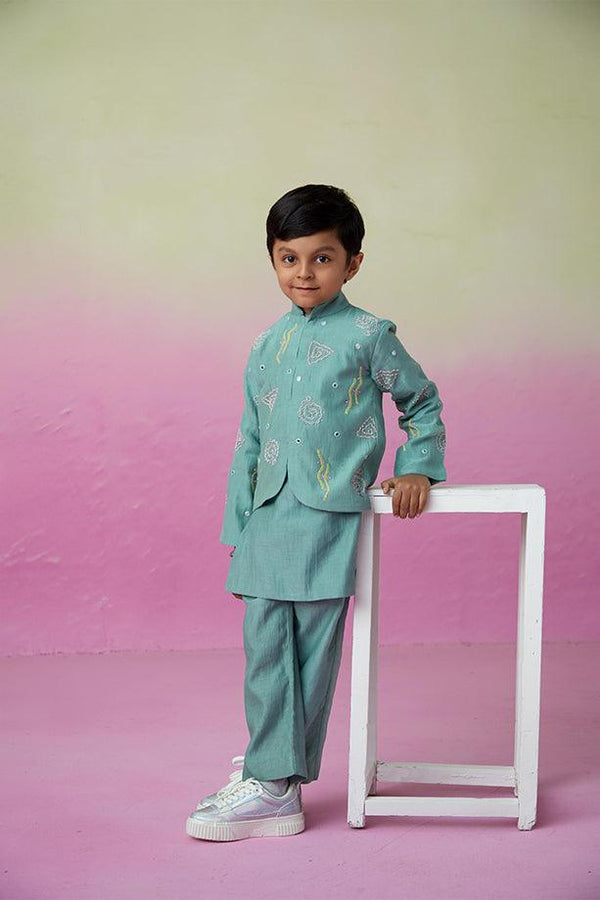 Ocean Voyager- Mint Hand Embroidered Kurta Jacket and Pants Set for Boys - Totdot