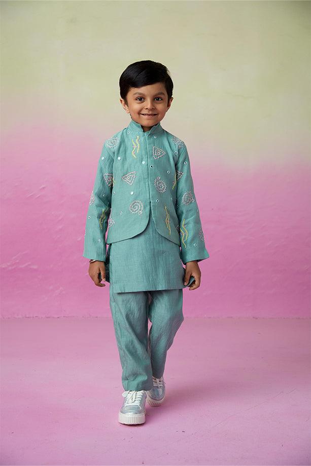 Ocean Voyager- Mint Hand Embroidered Kurta Jacket and Pants Set for Boys - Totdot