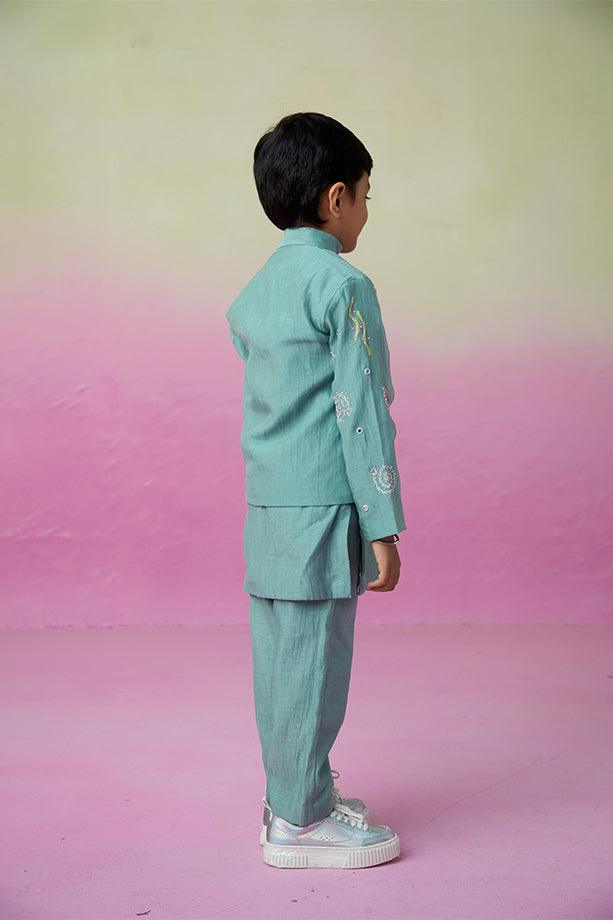 Ocean Voyager- Mint Hand Embroidered Kurta Jacket and Pants Set for Boys - Totdot