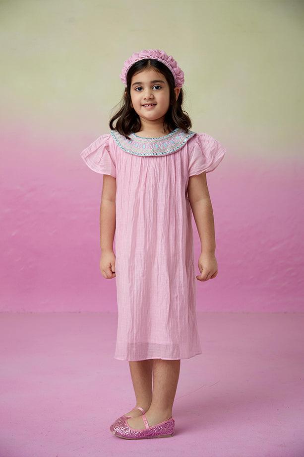 Orchid Dream- Orchid Pink Hand Embroidered Collar Dress for Girls - Totdot