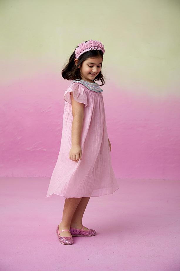 Orchid Dream- Orchid Pink Hand Embroidered Collar Dress for Girls - Totdot