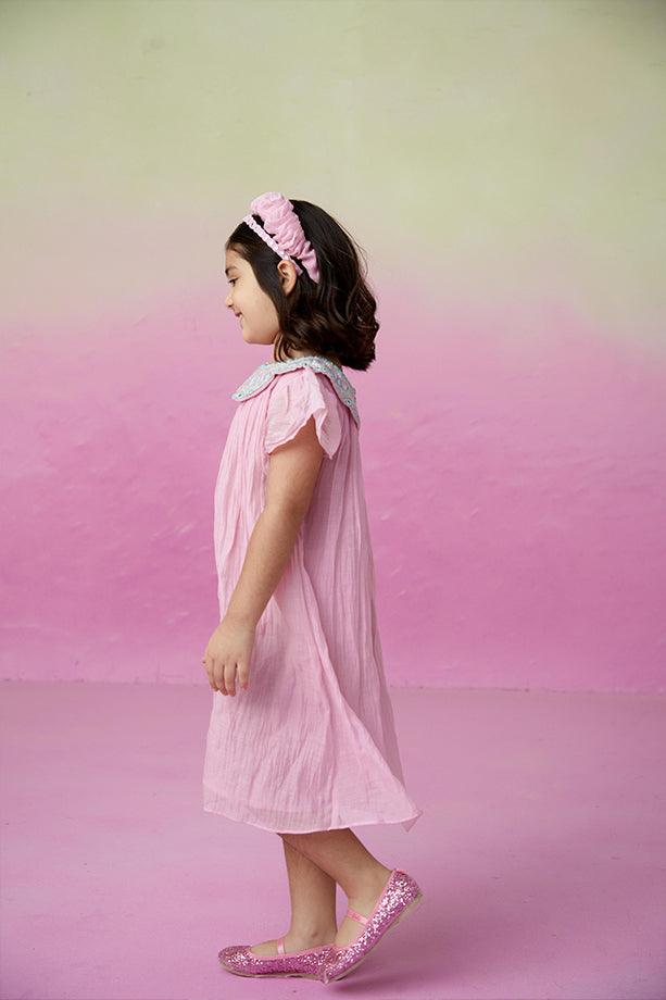 Orchid Dream- Orchid Pink Hand Embroidered Collar Dress for Girls - Totdot