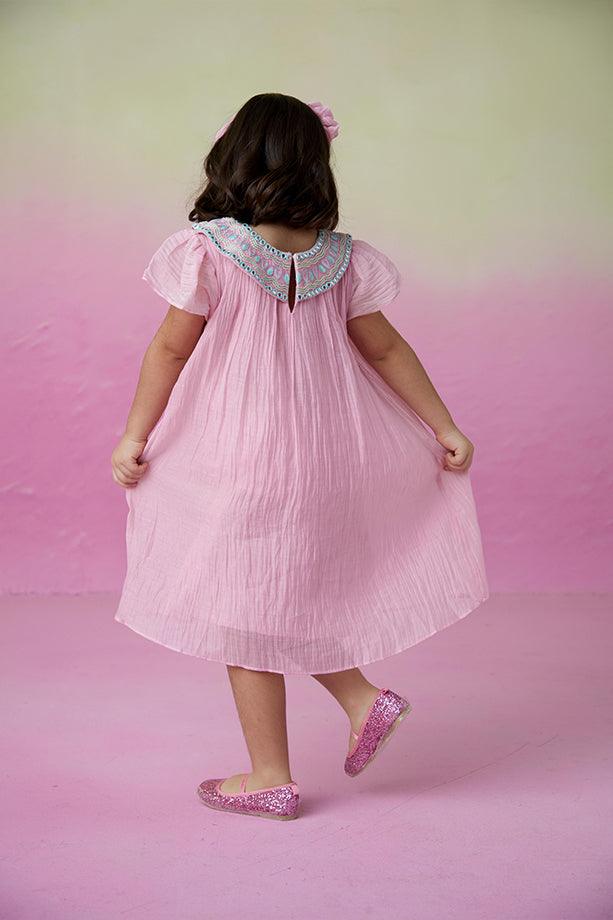 Orchid Dream- Orchid Pink Hand Embroidered Collar Dress for Girls - Totdot