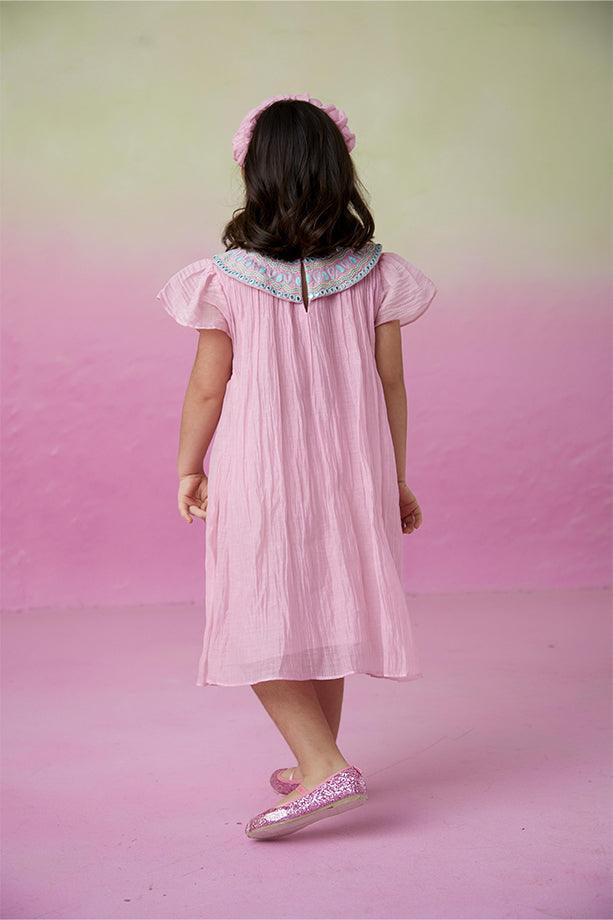 Orchid Dream- Orchid Pink Hand Embroidered Collar Dress for Girls - Totdot