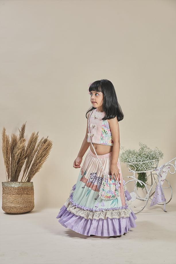 Peach and Mint Frilled Lehenga with Tropical Print Blouse and Potli Bag Set for Girls - Totdot