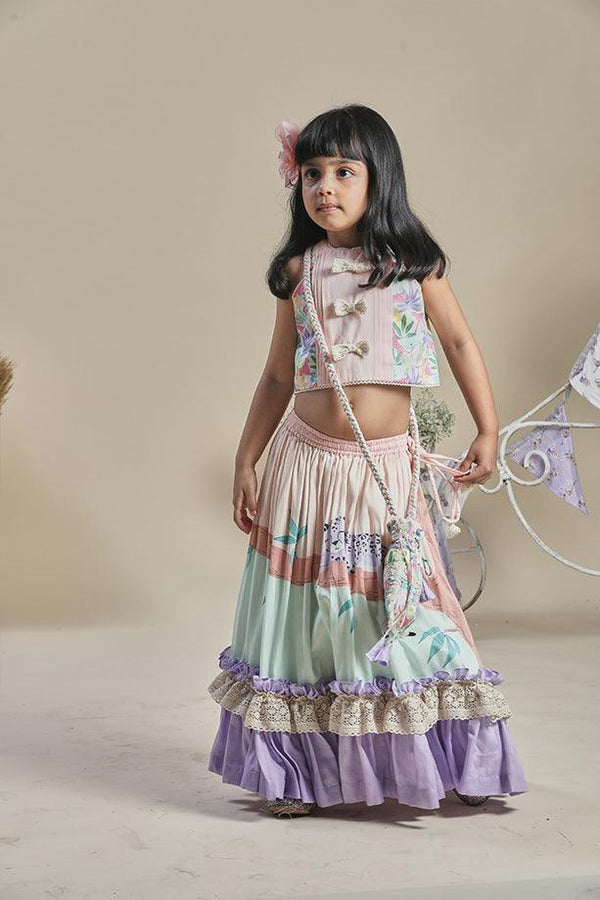 Peach and Mint Frilled Lehenga with Tropical Print Blouse and Potli Bag Set for Girls - Totdot