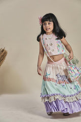 Peach and Mint Frilled Lehenga with Tropical Print Blouse and Potli Bag Set for Girls - Totdot